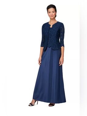 Alex Evenings Women's Lace Jacket & Lace-Top Blue 2piece Gown $239
